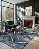 DEFYNEE Teppich Wohnzimmer 150x210 cm Wohnzimmerteppich, Waschbarer Teppich, Kurzflor, rutschfest, Pflegeleicht, Vintage & Boho Rug für Kinderzimmer, Schlafzimmer, Büro, Dunkelblau