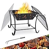 Feuerschale mit Funkenschutz, Garten Feuerschale 61x61x62cm, Feuerkorb mit Grillrost, Feuerstelle für Heizung und Grillen, Feuerschalen für den Garten, Groß