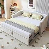 vutizal Ausziehbares Schlafsofa 90/180x200 cm, Polsterbett mit Lattenrost, Samt Stoff Sitzbett, Platzsparendes Gästebett, Multifunktionsbett, Beige