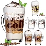 PLATINUX Kaffeegläser mit Motiv max. 350ml Set 6-Teilig aus Glas Latte Macchiato Gläser mit Griff Cappuccino Gläser