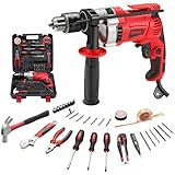 TEENO Elektrische Schlagbohrmaschine 910 W, kabelgebundene Schnur Schlagbohrer 0–3000 U/min mit 37 Teilig Werkzeugkoffer Gefüllt, Bohrfutter 13 mm,Variabler Geschwindigkeitsknopf, Ziegel, Holz, Stahl