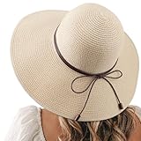 DRESHOW Damen Strohhut mit Breiter Krempe Diskette Faltbare Kappe Strand Sonnenhut UPF 50+