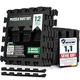 unycos - Bodenschutzmatte Set, 12 Teile, Puzzlematte【30x30x1 cm】 rutschfeste Schutzmatten per Fitnessraum und Sportgeräte, Gymnastikmatte, Trainingsmatte, Yogamatte, Wasserdicht, Ungiftig (Schwarz)