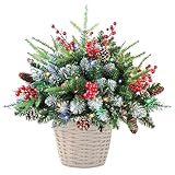Künstlicher Urnenfüller für den Außenbereich, 46 x 25 x 25 cm, mit 50 LED-Lichtern, Dekoration, 8 Blitzmodi und Timer, für den Außenbereich, Weihnachtsbaumdekoration mit Tannenzapfen, roten Beeren