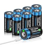 CITYORK 15000mWh 1,5v USB D Akku Wiederaufladbar mit USB-C Ladekabel (8 Stück), Lithium-Ionen Aufladbare USB D Batterie, Mono D LR20 Akku Zellen, über 1000 Zyklen und Recycelbar - Ohne Speicher Effekt