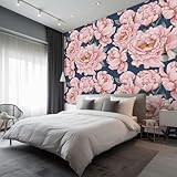 Tapete 3D Fototapete Retro Pfingstrose Blume 300 x 210 cm Vliestapete Wandbild Fototapeten, Vlies Tapeten Wandtapete Schlafzimmer, Wohnzimmer, TV Hintergrund Wand Moderne Wanddeko, Blaurosa