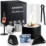 ANDEKO Bioethanol Tischkamin Premium Tischfeuer - [3h Brenndauer] - Ethanol Kamin inkl. Dekosteine und 2 große Brennkammern - Hohes Sicherheitsglas & Regulierbare Flamme - Tisch Kamin Indoor & Outdoor