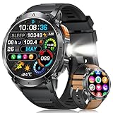 Smartwatch Herren mit Telefonfunktion/Taschenlampe, 1,56' AMOLED Smart Watch mit SpO2/Herzfrequenz/Schlafmonitor, 100+ Sportmodi, IP68 Wasserdicht Fitnessuhr für Android iOS, Silikon und Lederarmband