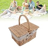Picknickkorb aus Rattan, Großer Mehrzweck-Weidenkorb mit Griff, Deckel mit Doppelter Öffnung, Elegante Spitzendetails, für Picknicks, Wandern, Camping, Blumen, Obst und Gemüse