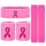Jecery Schweißbänder für Brustkrebs-Bewusstsein, 3er-Set, inklusive 1 Paar rosa Band-Armbänder, 1 Paar Beinmanschetten und 1 Stirnband für Damen, rosa Schleife, Wadenbeinsocken für Sport
