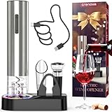 Crenova 6-in-1 Elektrischer Weinöffner, wiederaufladbarer automatischer Korkenzieher Weinflaschenöffner mit Weinpumpe, Weinbelüfter, Weinfolienschneider & USB-Ladekabel