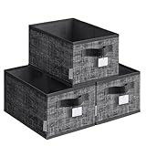 SONGMICS Aufbewahrungsbox 3er Set, zusammenklappbar, Stoffboxen aufbewahren, 30 x 20 x 15 cm, für Kleiderschrank, 2 Griffe, Etikette, für Schlafzimmer Wohnzimmer, tintenschwarz ROB415B01