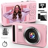 Digitalkamera 4K 64MP Digitalkamera mit 32G SD-Karte Autofokus Vlogging Kamera mit zwei 1200mAh Batterien für Fotografie 16X Digitalzoom Mini Kompaktkamera für Kinder Jugendliche Anfänger Erwachsene