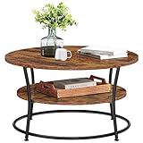 VASAGLE Couchtisch rund, Wohnzimmertisch, Sofatisch mit Ablage, einfacher Aufbau, Metall, Industrie-Design, vintagebraun-tintenschwarz LCT80BX