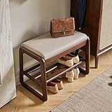 Mid-Century Moderne Schuhbank aus Massivholz, 2-stöckig, Holz-Eingangsbereich mit Kunstleder-Polsterkissen für Flur und Wohnzimmer (Braun, 55 cm)