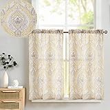 TOPICK Scheibengardine Leinen Vorhang Vintage Bistrogardine Landhaustil Blumen Bedruckt Gardine Geblümt Scheibengardinen Blickdicht für Küche Wohnzimmer Landhaus 2er-Set Gelb auf Beige 65B x 115H(cm)