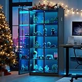 Lvifur Led Vitrine Buffetschrank Sideboard, 35 × 70 × 165 cm Smart Vorratsschrank RGB 20 Farben Dimmbares Sideboard Intelligente Sensorik Vitrinenschrank Wohnzimmer （Black）