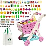 Aiqi Kinder Einkaufswagen Spielset, Zubehör für die Kaufladen 98 Stück mit Spielzeug Einkaufstasche, Lebensmittelgeschäft Rollenspiel Spielset Küche Spielzeug Geschenk für Jungen und Mädchen ab 3