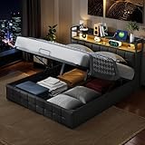 Bett 140 x 200 cm mit Lattenrost, LED und USB, Bett mit Stauraum und Kopfteil, Doppelbett mit Lattenrost, Doppelbett, PU, Schwarz (PU, 140 x 200 cm)