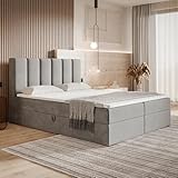 MOTIVENA Santiago Boxspringbett 180x200 mit Bettkasten und Topper, Polsterbett 180x200 mit Bettkasten, Bonellfederkern-Matratze (H4), T28 Komfortschaumstoff Topper (H3), Samt, Grau (Hellgrau)