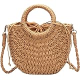 LATRAT Sommer Stroh Handtasche Damen Handgewebte Tasche, Griff oben, Strohhandtasche, Abnehmbarer Schultergurt, Clutch, Sommer Strandtasche Strohtasche Umhängetasche Flechttasche, Brown