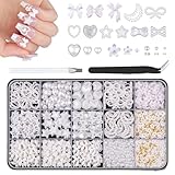 Goiern 3D Nagel Charms für Nagel Design Set, Weiße Nagel Schleifen Diverse Perlen Herz Stern Schleifen Nagel 3D Blüten Charms und Nagel Perlen für Nagel Dekoration