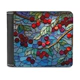 Jubonexis Geldbörse mit Kirschen mit blauem Buntglas, weiches PU-Leder, Faltbörse, Münzgeldbörse, Kreditkartenetui, robuster Kartenhalter, schlanke Geldscheinfach für Männer und Frauen