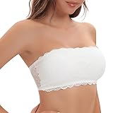 Jiuday Trägerloser BH Spitze Bandeau Damen ohne Träger Strapless Bra ohne Bügel für Kleine Brüste Gepolstert Bequem Sommer Bandeau Top mit Transparenten Träger (Weiß,M)