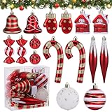 Huiguli Weihnachtskugeln Set, 16 Stück Plastik Christbaumschmuck, Mehrweg, Rote Weihnachtskugel Ornamente, Christbaumkugeln Bruchsicher für Weihnachtsbaum, Süßigkeit, Glöckchen, Handschuh