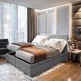 TRADA Adele Boxspringbett 140x200 Elektrisch verstellbar Taschenfederkern Doppelmatratze 9 Zonen Topper Bett mit Bettkasten Velour Stoff Grau