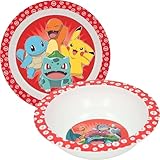 Pokemon Kinder-Teller und Schüssel-Set, 100 % offizielles Lizenzprodukt, BPA-frei, wiederverwendbar, Kunststoffgeschirr, Cartoon-Design, Snackgeschirr für Kleinkinder, Jungen, Mädchen, ab 3 Jahren