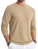 JMIERR Long Shirts Herren Langarmshirt Pullover Strickpullover Rundhals T-Shirts Longshirt Modern Leichte Basic Solid Winter Oberteile Männer für Herren mit Tasche Beige L