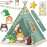 KIDIZ® Tipi Zelt für Kinder Spielzelt 100x100x160cm Kinderzelt aus Baumwolle mit LED-Lichterkette, Leuchtstern, Fahnengirlande, 3 Plüschtiere, Untermatte & Tragetasche Spielhaus für drinnen & draußen