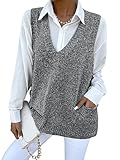GORGLITTER Strick Pullunder Damen Strickpullover mit Taschen Rippenstrick Pullunder V-Ausschnitt Prepy Strickweste Freizeit Grau L