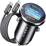 LISEN 54W Zigarettenanzünder USB C PD&QC3.0 12V USB Adapter Auto Ladegerät mit 60W Kabel Metall USB Zigarettenanzünder Adapter KFZ Ladegerät USB C für iPhone 17 Pro Max Air 16 Samsung S25 Ultra IPad