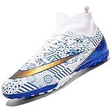 VTASQ Fußballschuhe Herren High Top TF Kunstrasen Fussballschuhe Kinder Jungen Trainingsschuhe Professionelle Athletics Outdoor Sport Turf Football Schuhe Unisex Weiß/Blau 41 EU