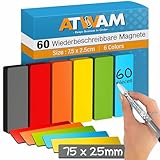 ATWAM 60 Magnetstreifen Beschreibbar - 75 x 25 mm - 6 Farben - Scrum & Kanban - Beschreibbare Magnete - Für Whiteboard, Magnettafel, Magnetwand & Kühlschrank