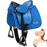 Esposita Shetty Sattel Set zum Reiten für Kinder, geeignet für Shettys, echte Ponys und Holzpferde oder Plüschpferde - Komplettset: Sattel, Satteldecke, Sattelgurt, Steigbügel, Riemen (Blau)