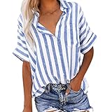 PPangUDing Bluse Top Damen Kurzarm Sommer Elegant V-Ausschnitt Hemd Blusenshirt gestreiftes Hemd Blusen Tunika Oberteile Hemd Tunika Top