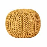 Homescapes Pouf Strickpouf rundes Bodenkissen, Sitzpouf 35 x 40 cm, gepolsterter Sitzhocker, Sitzpuff/Puff mit grob gestricktem Bezug aus 100% Baumwolle, Strickpuff, Senf