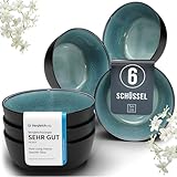 Steingut Müslischalen 6 Pers. Ibiza Hochwertiges Mediterranes TEST SEHR GUT Müsli Schüssel Set, spülmaschinen-, mikrowellen- und Kratzfest - Kleine Schüsseln, Müslischale - Pure Living in Petrol