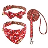 KOOLTAIL Weihnachtliches Hundehalsband und Leine, Set mit Fliege und Glocken, Welpenhalsband, Leine für Frauen mit passendem Muster, weiches Leder, verhedderungsfreie Leinen für kleine Hunde, Jungen,