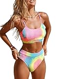 CUPSHE Damen Bikini Set U Ausschnitt High Waist Batik Regenbogen Tank Bikini Bademode Strukturiert Zweiteiliger Badeanzug Swimsuit Candy Rainbow XS