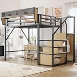 MOBETTRES Hochbett 140x200 mit Sicherheitsleiter und flexiblem Staufach, Metallbett Erwachsenenbett Kinder-Etagenbett Schwarz