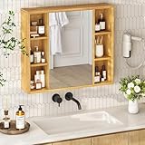 VIAGDO Spiegelschrank für Bad Badschrank mit Spiegel Spiegelschrank Bad Hängeschrank Wandschrank mit Türen Badezimmerschrank mit Verstellbarer Ablage Platzsparender Medizinschrank Bambus 70x61.5x16 cm