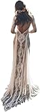 Stilvolles Hochzeitskleid, Vintage-Spitze, rückenfrei, Boho-Strand, stilvolle Brautkleider, langärmlig, nacktes Futter, ländliche böhmische Brautkleider, Weiß, 44