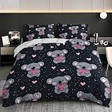 3 Teilig Bettwäsche-Set für Einzelbett Niedlicher Cartoon Koala Extra Weiches Bettwäsche-Set, Allergiker Bettbezüge Schwarz Microfaser Bettbezug 135x200 cm mit 2 Kissenbezug