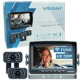 VSG24 7“ Funk Rückfahrsystem Premium PRO HD für Wohnmobil, Pferdeanhänger PKW, KFZ Set kabellos, 2X Rückfahrkamera + Monitor, Nummernschild Kamera Nachrüsten 12V-24V, digital, Auto Rückspiegel