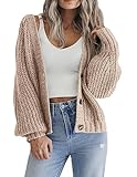 Hotouch Damen Cardigan Einfarbig Langarm Strickjacken mit Knopf V-Ausschnitt Kurz Jacke Frühling Herbst Schulterjacke Top Khaki S
