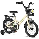 Glerc Bubble 14 Zoll Kinderfahrrad für 3 4 5 6 Jahre alte Jungen und Mädchen mit Korbstabilisatoren und Gepäckträger, Beige